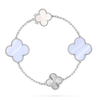 [Super CiCi ]DETACHABLE CLOVER 15(11+4) FLOWER SILVER NECKLACE SET