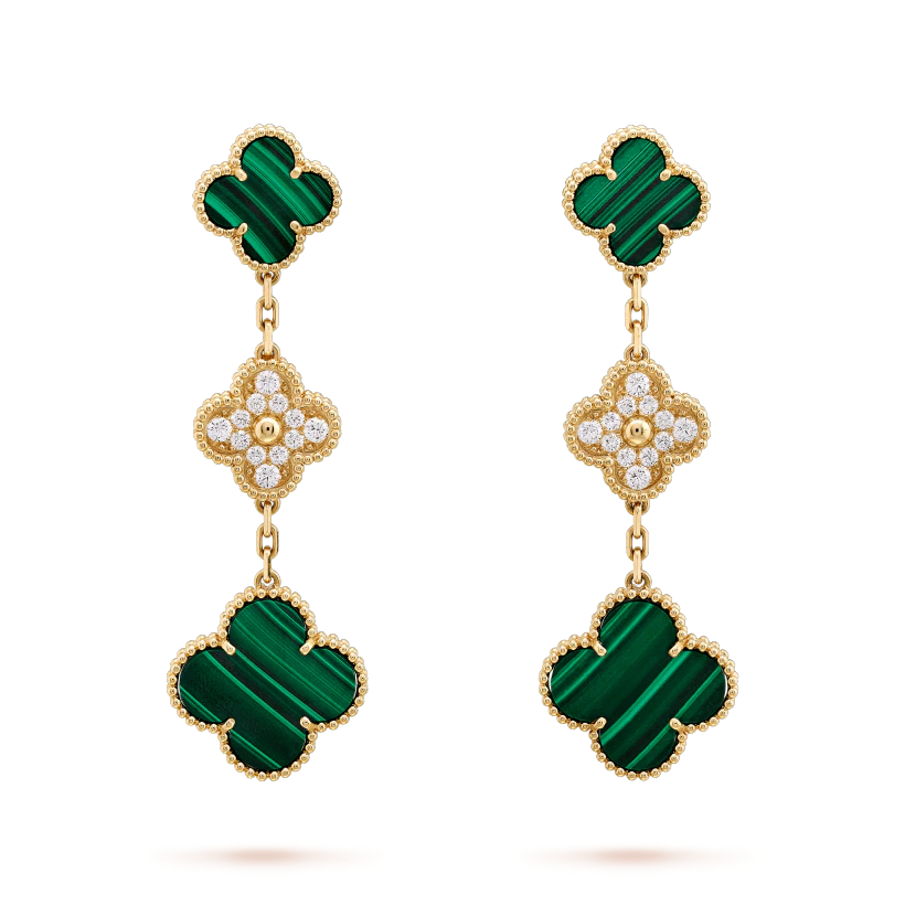 [Super CiCi ]CLOVER EARRINGS GOLD MALACHITE DIAMOND 3 MOTIF