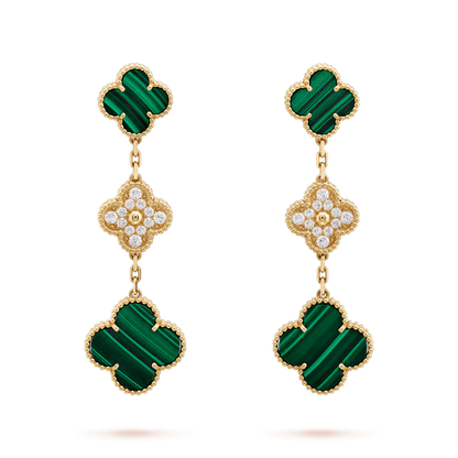 [Super CiCi ]CLOVER EARRINGS GOLD MALACHITE DIAMOND 3 MOTIF