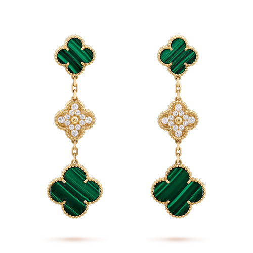 [Super CiCi ]CLOVER EARRINGS GOLD MALACHITE DIAMOND 3 MOTIF