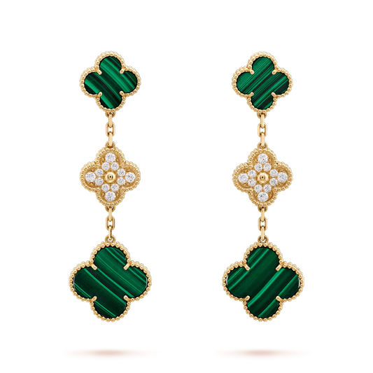 [Super CiCi ]CLOVER EARRINGS GOLD MALACHITE DIAMOND 3 MOTIF