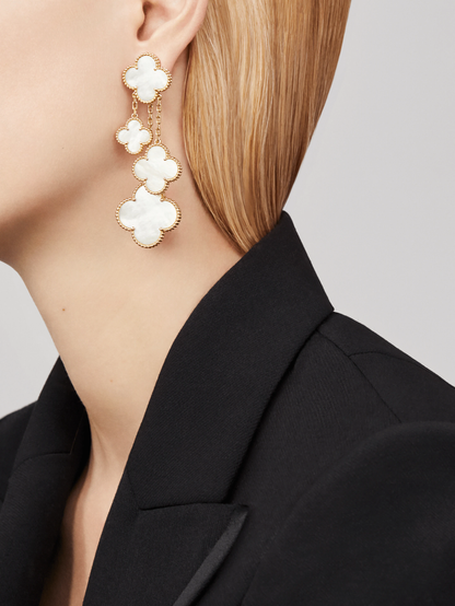 [Super CiCi ]CLOVER EARRINGS WHITE MOP 4 MOTIFS GOLD