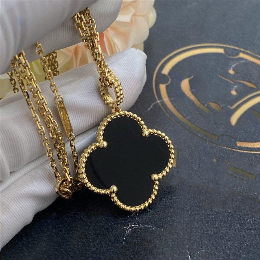 [Super CiCi ]CLOVER 25MM GOLD ONYX BIG CLOVER NECKLACE