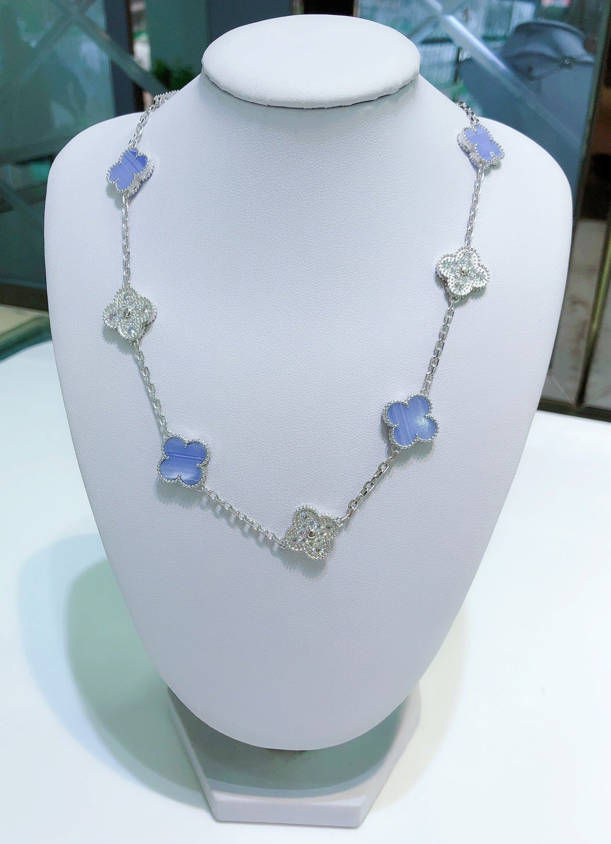[Super CiCi ]CLOVER 10 MOTIFS CHALCEDONY DIAMONDS SILVER NECKLACE