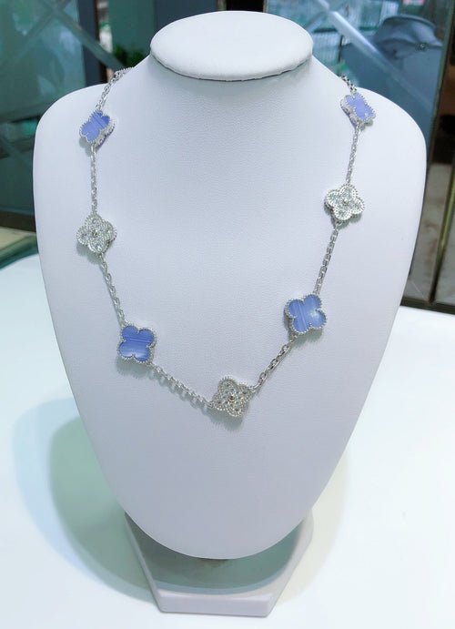 [Super CiCi ]CLOVER 10 MOTIFS CHALCEDONY DIAMONDS SILVER NECKLACE