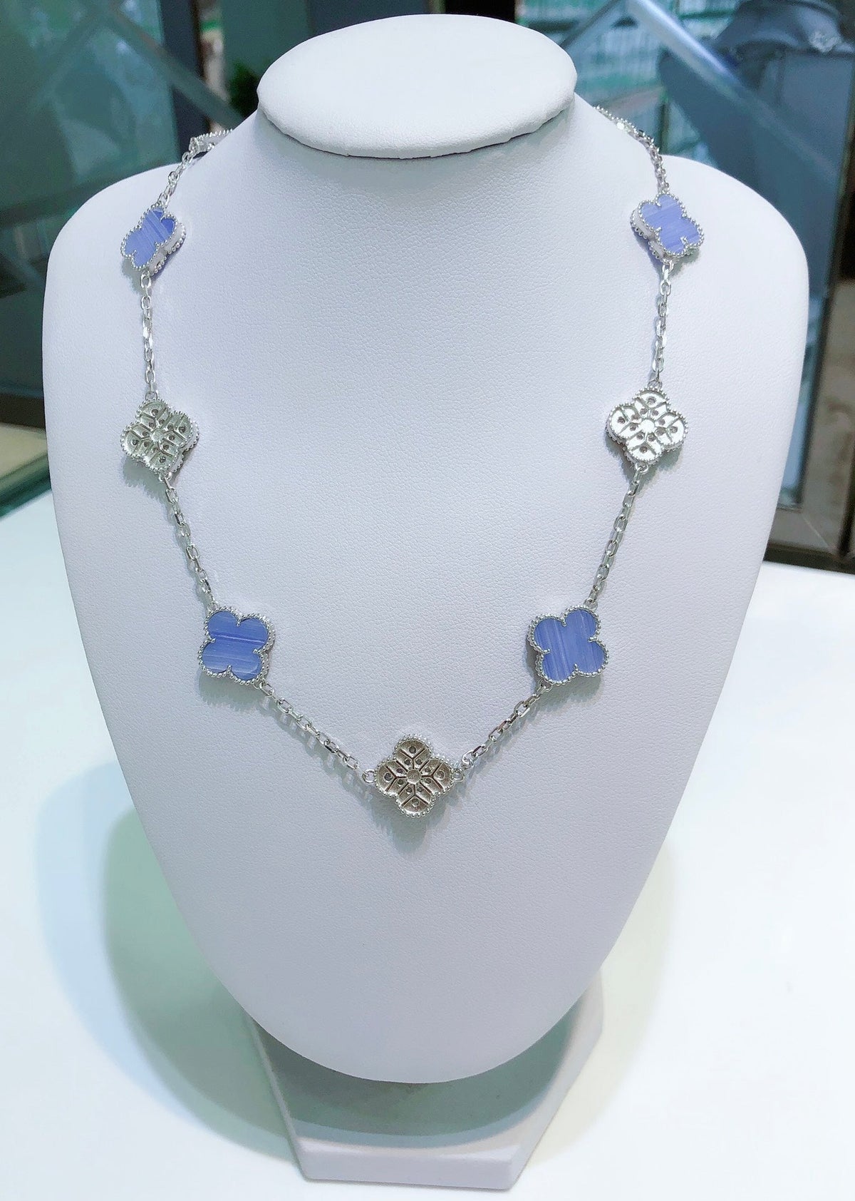 [Super CiCi ]CLOVER 10 MOTIFS CHALCEDONY DIAMONDS SILVER NECKLACE