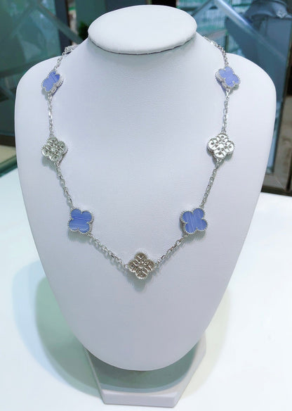 [Super CiCi ]CLOVER 10 MOTIFS CHALCEDONY DIAMONDS SILVER NECKLACE