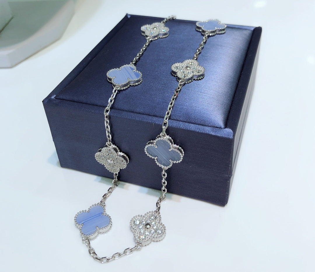 [Super CiCi ]CLOVER 10 MOTIFS CHALCEDONY DIAMONDS SILVER NECKLACE