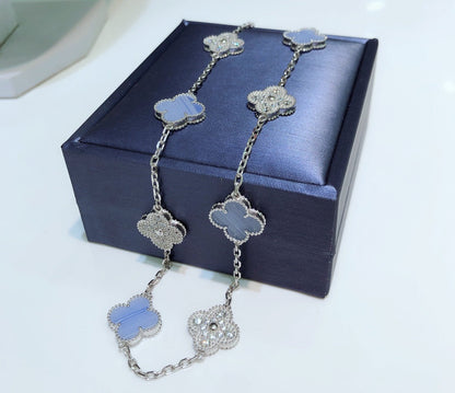 [Super CiCi ]CLOVER 10 MOTIFS CHALCEDONY DIAMONDS SILVER NECKLACE