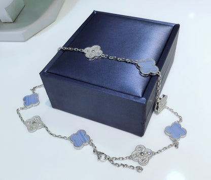 [Super CiCi ]CLOVER 10 MOTIFS CHALCEDONY DIAMONDS SILVER NECKLACE
