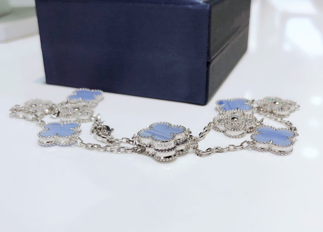 [Super CiCi ]CLOVER 10 MOTIFS CHALCEDONY DIAMONDS SILVER NECKLACE