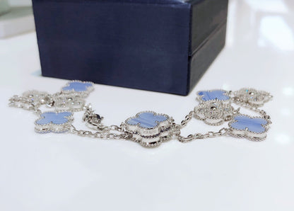 [Super CiCi ]CLOVER 10 MOTIFS CHALCEDONY DIAMONDS SILVER NECKLACE