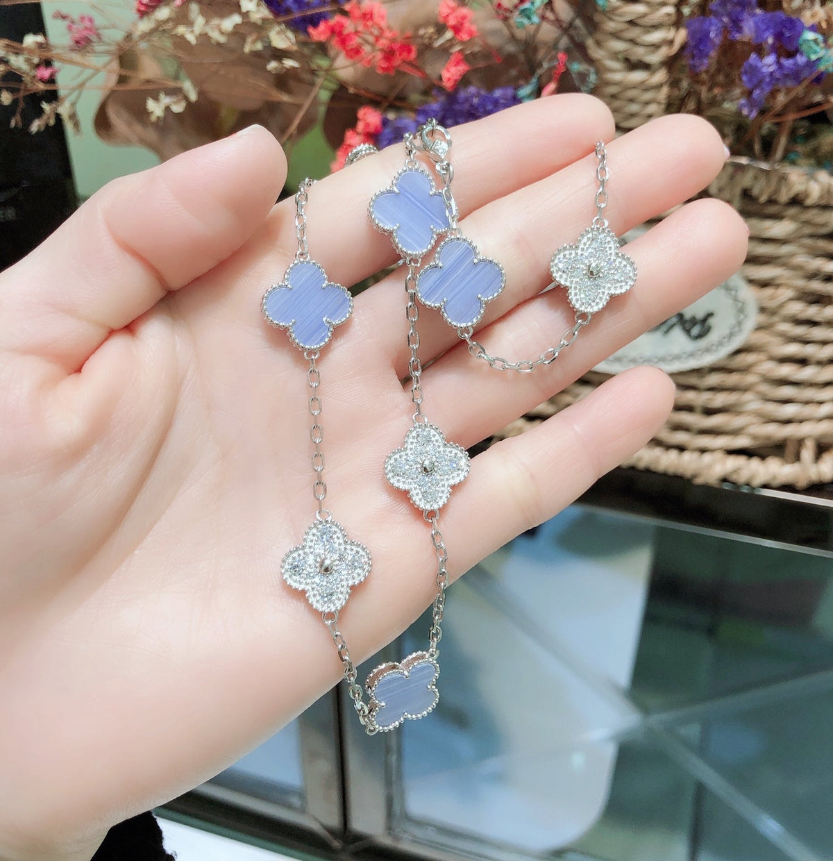[Super CiCi ]CLOVER 10 MOTIFS CHALCEDONY DIAMONDS SILVER NECKLACE