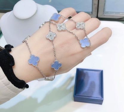 [Super CiCi ]CLOVER 10 MOTIFS CHALCEDONY DIAMONDS SILVER NECKLACE