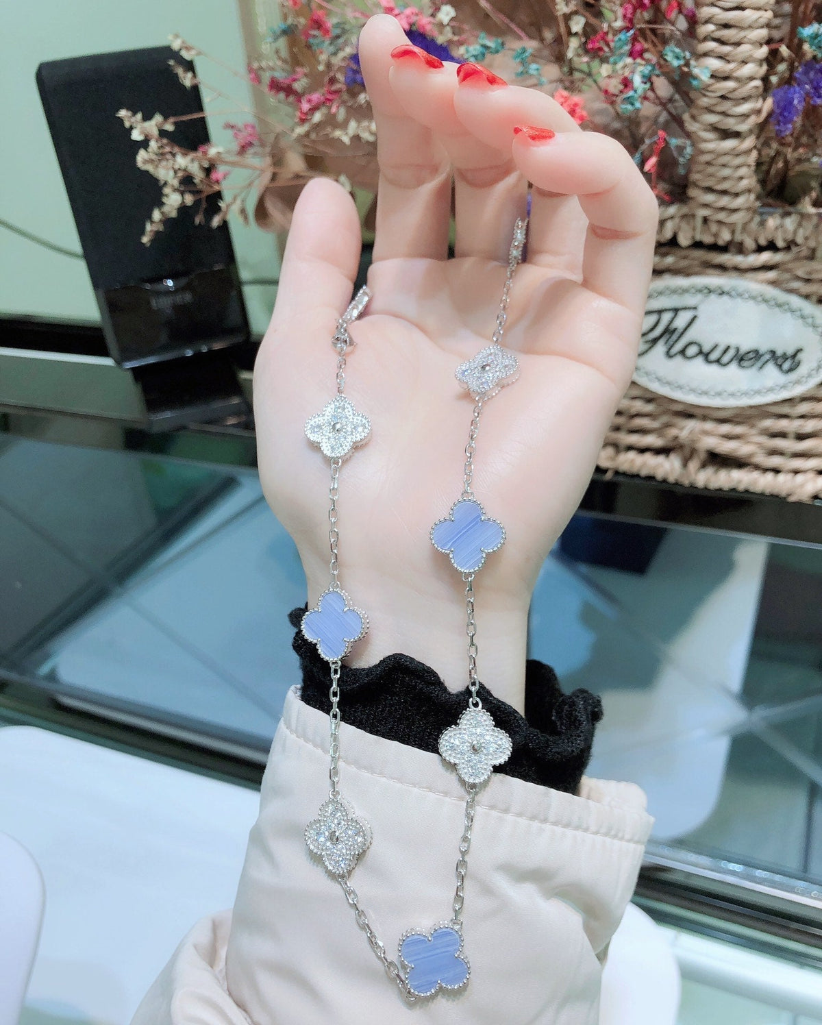 [Super CiCi ]CLOVER 10 MOTIFS CHALCEDONY DIAMONDS SILVER NECKLACE