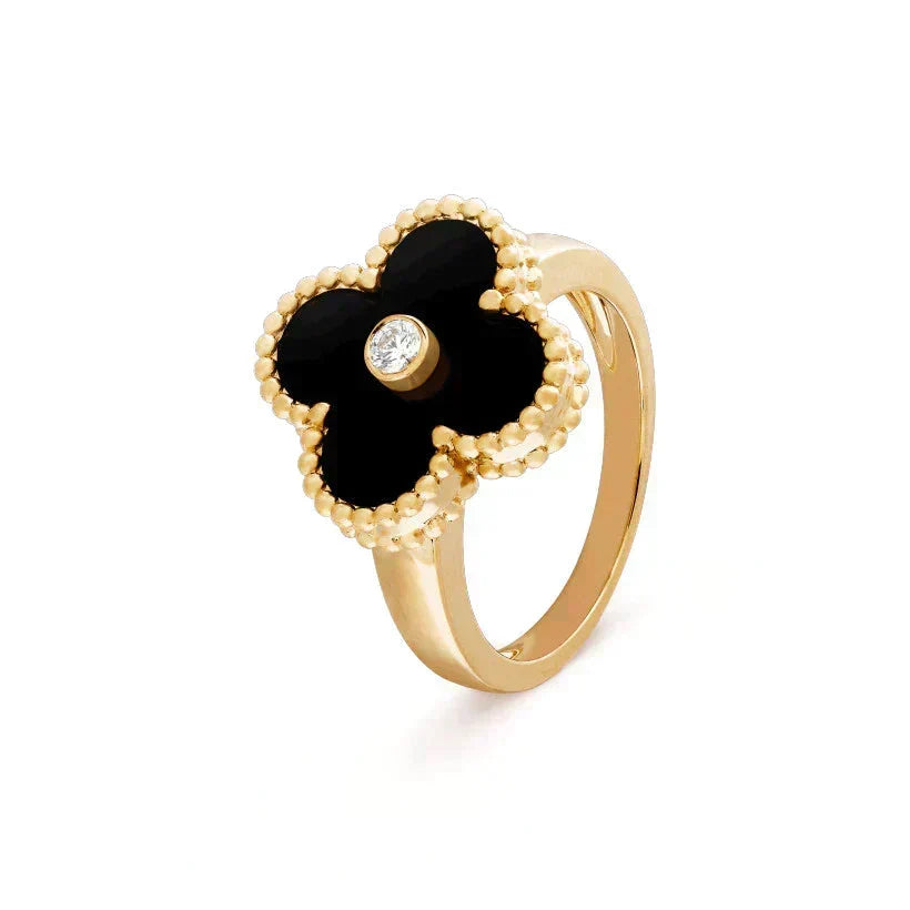 [Super CiCi ]CLOVER ONYX RING GOLD DIAMOND