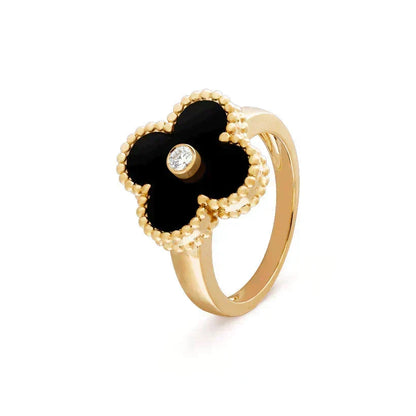 [Super CiCi ]CLOVER ONYX RING GOLD DIAMOND